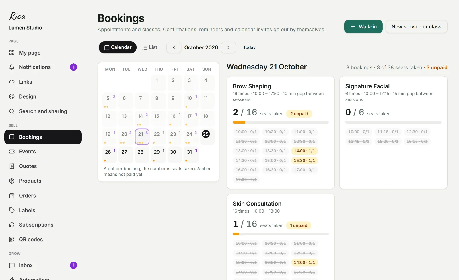 Rica's admin: bookings