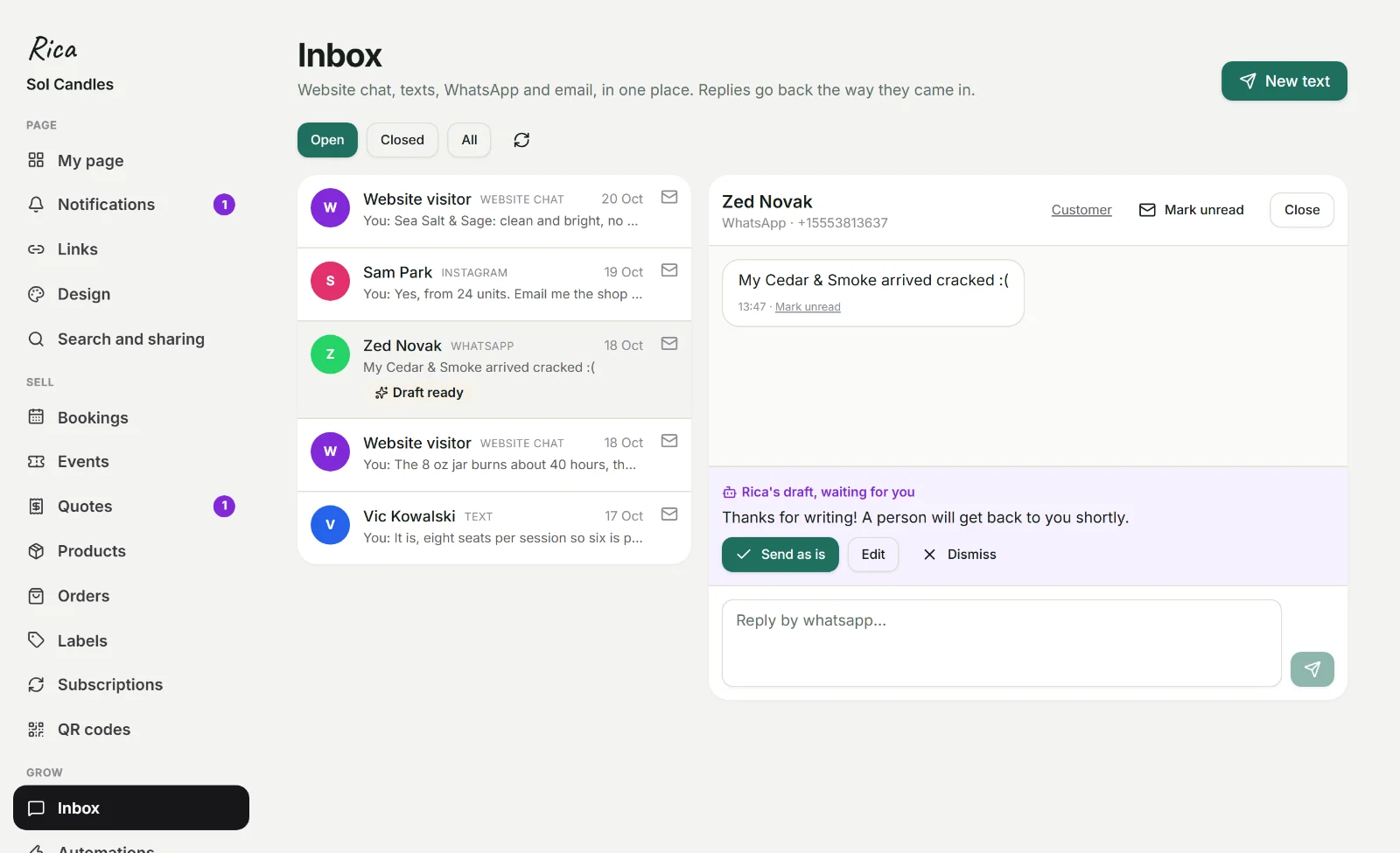 Rica's admin: inbox