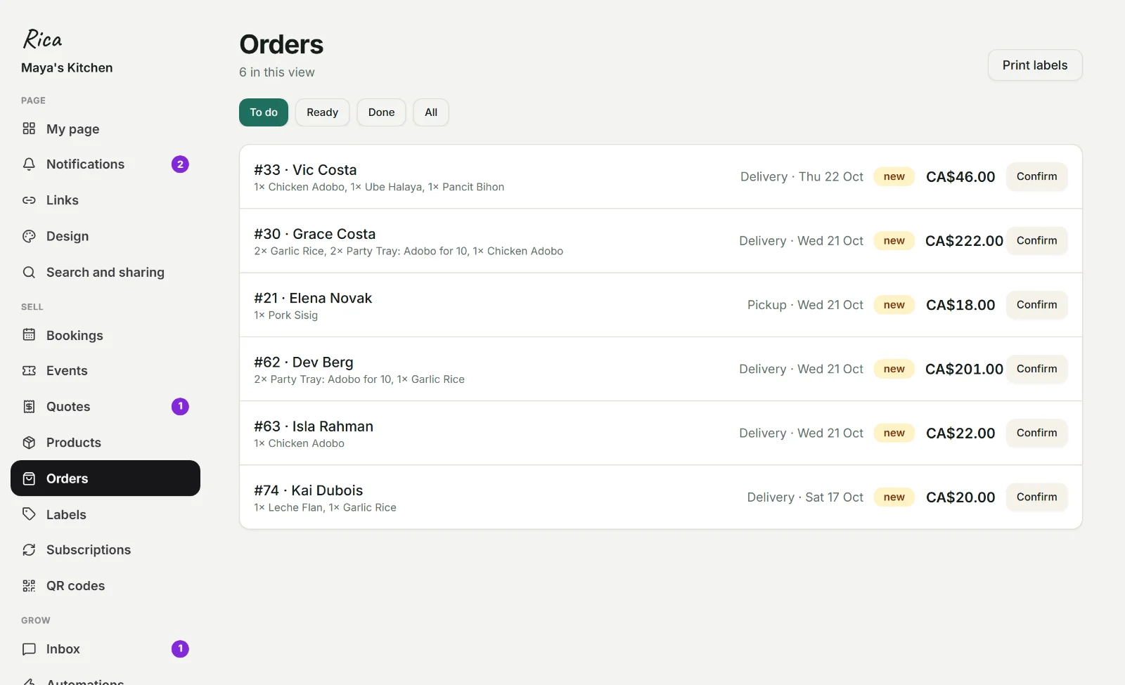 Rica's admin: orders